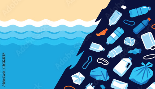 Beach and ocean meet a dark expanse filled with plastic waste