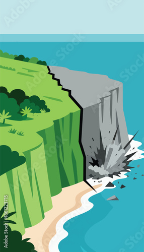 Green cliffside erodes into the ocean as rocks crash into the water below