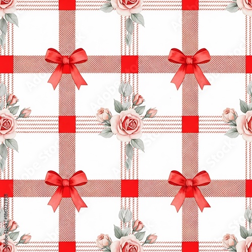 Festive Seamless Plaid Pattern with Watercolor Pink Roses and Decorative Red Bows