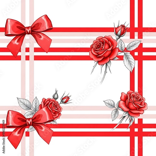 Elegant Seamless Pattern with Red Roses, Ribbons, and Striped Background for Festive Occasions