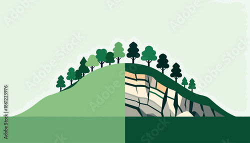 Stylized cross-section of a grassy hill revealing rock strata beneath trees