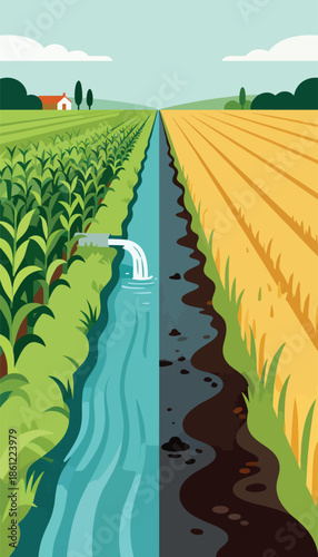 Irrigation canal feeding lush crops contrasts with arid, dry land on opposite side