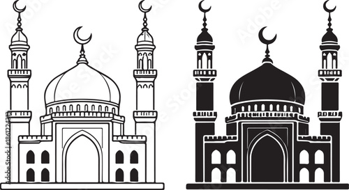 Mosque silhouette with crescent moon symbol isolated on white background, Vector, illustration
