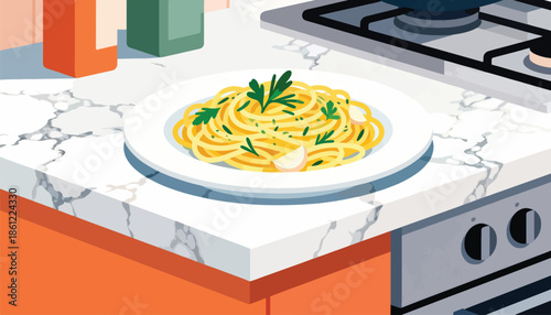 A plate of pasta with herbs sits on a kitchen counter next to a stove