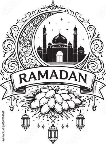 Ramadan illustration with mosque and dates isolated on white background, Vector, illustration