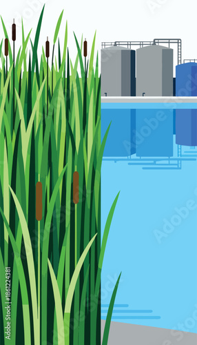 Cattails frame a view of industrial tanks beside a blue body of water