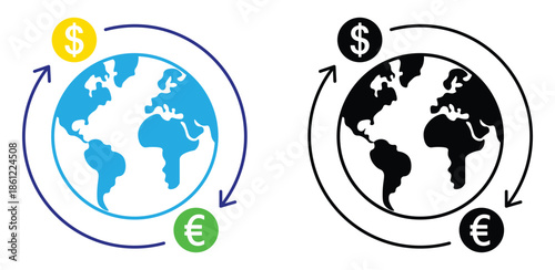 global currency exchange icon featuring circular arrows and dollar, euro coins, representing international finance and money transfer, isolated on transparent background.