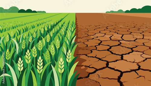 Verdant crops flourish on one side, while parched, cracked earth dominates the other