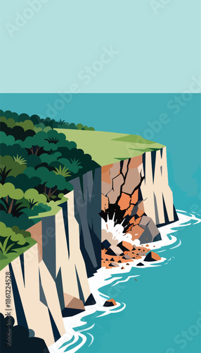 Abstract illustration depicts coastal cliff collapsing into the sea, with green foliage and light blue sky