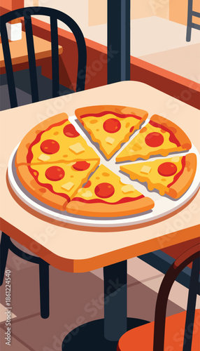 Sliced pizza with pepperoni and cheese on a plate, on a table with chairs