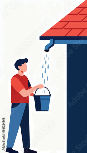 Person collecting rainwater in a bucket from a house gutter