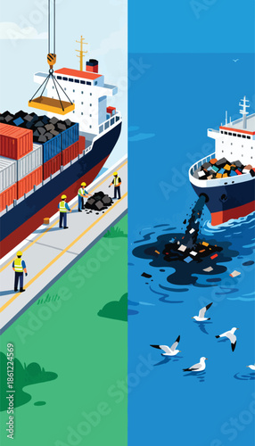 Ship unloads cargo while another pollutes the sea with waste