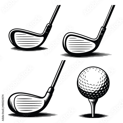 Hand-drawn sketch of golf equipment, including clubs and balls, isolated on white background, ideal for golf-related designs, posters, websites, apps, and educational projects.