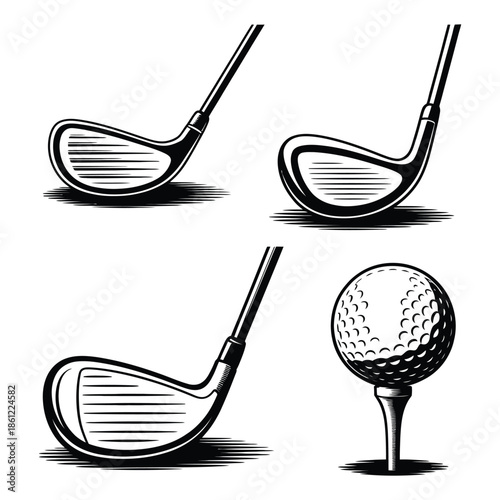 Sketch of golf clubs and balls on white background, hand-drawn vector illustration, perfect for sports design, golfing projects, educational materials, and print or digital use.