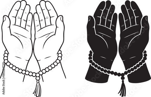 Praying hands with prayer beads in black and white style isolated on white background, Vector, illustration