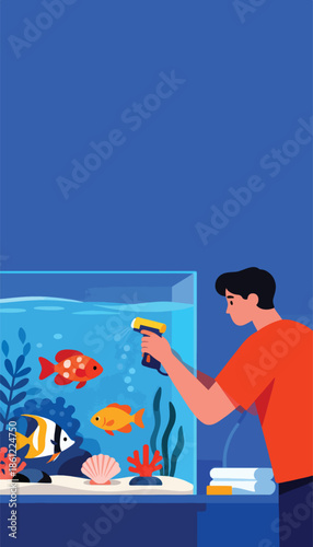 Young person tending to fish in a bright, colorful aquarium