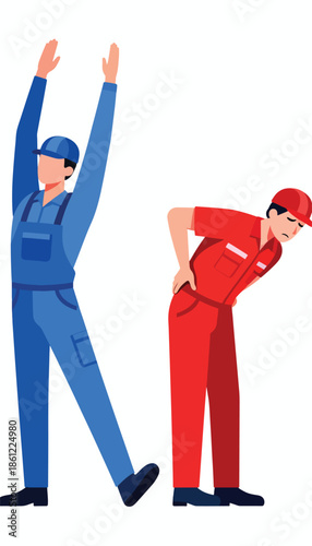 Two cartoon workers, one stretching, the other holding his sore back