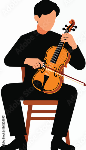A person plays a violin while seated on a chair, with a clean white background
