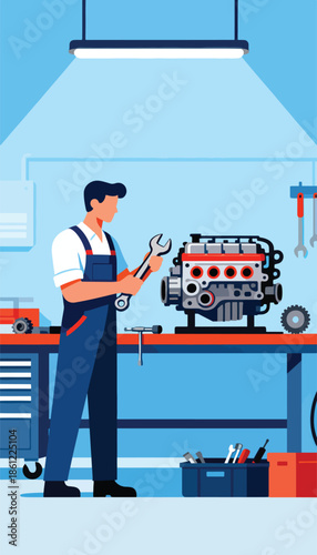 Mechanic working on an engine with tools and equipment in a brightly lit garage