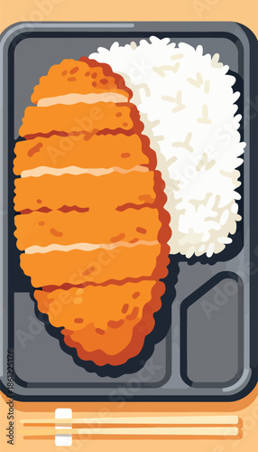 Golden fried cutlet and fluffy rice served in a bento box with chopsticks