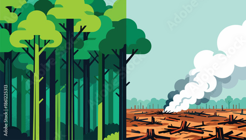 Juxtaposed imagery shows a lush forest facing destruction by deforestation and fire