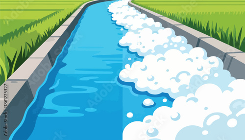 Flowing blue water channel with white foam, bordered by green fields