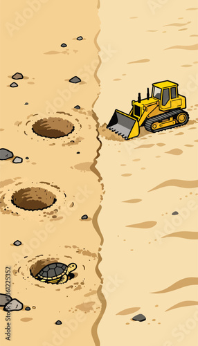 A yellow bulldozer threatens turtle nests on a sandy shore