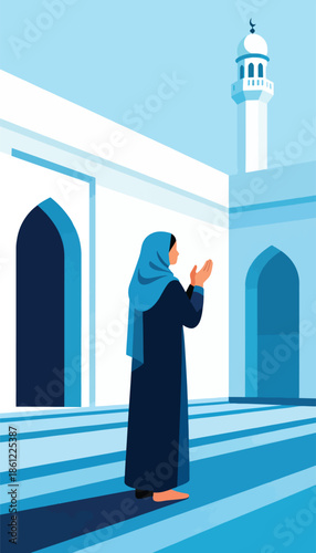 A person in a blue hijab prays in front of a mosque courtyard