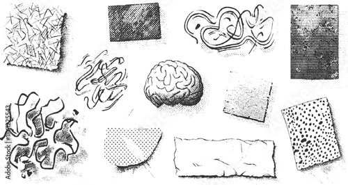 Collection of black and white abstract shapes and a detailed brain organic
