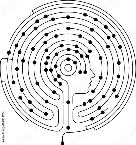 modern minimalist line art head, neural network concept, technology design in black and white, circular profile lines and dots, vector graphics for Ai, digital innovation, machine learning.