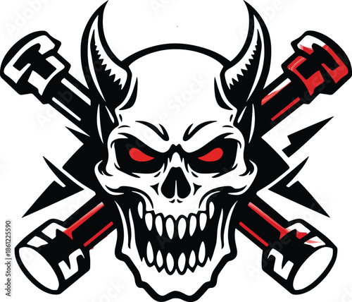 Demonic Skull with Horns and Crossed Hammers – Aggressive Devil Emblem, Bold Black and Red Vector Illustration