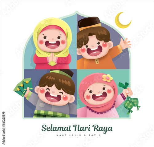Hari Raya Aidilfitri greeting card with cute Muslim boys and girls celebrating Raya festival. Malay translation: Happy Hari Raya and May you forgive us.

