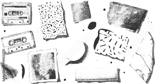 Black and white of vintage cassette tapes and torn paper fragments audio retro