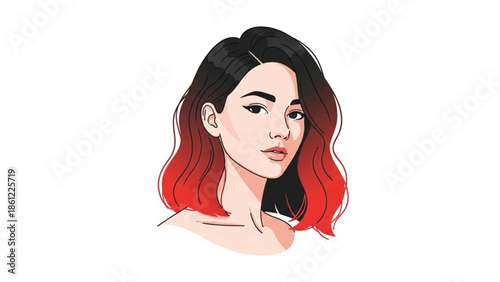 Stylish illustration of a young woman with a bob hairstyle and trendy ombr� black-to-red hair, looking confidently.