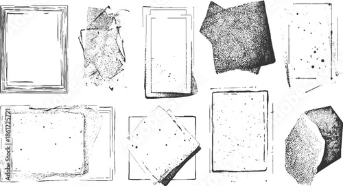Collection of ten black and white textured frames and abstract shapes with distressed edges and scattered dots
