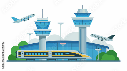 Airport scene with planes train and control towers