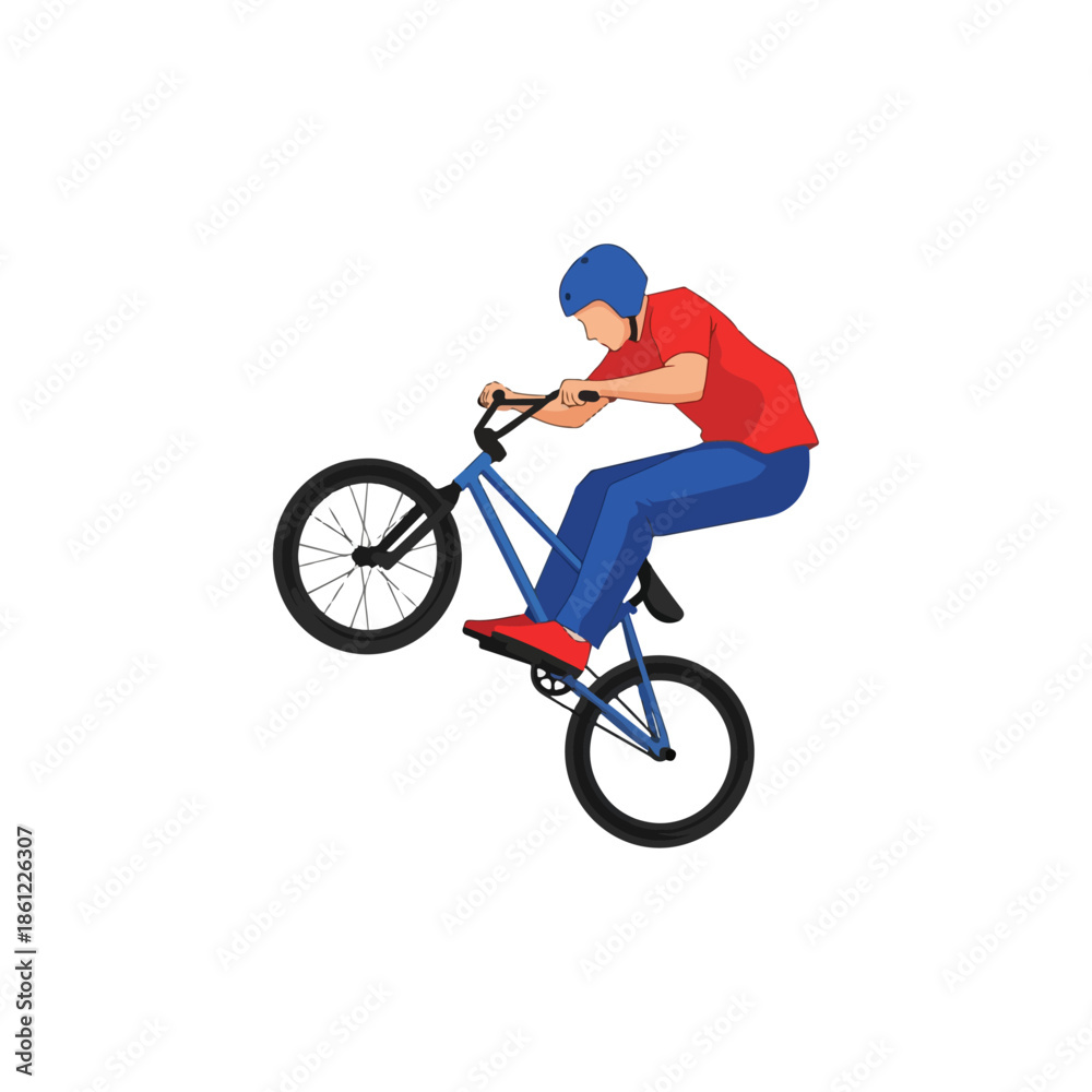 Fototapeta premium Man Riding Blue Bicycle in Mid Air.