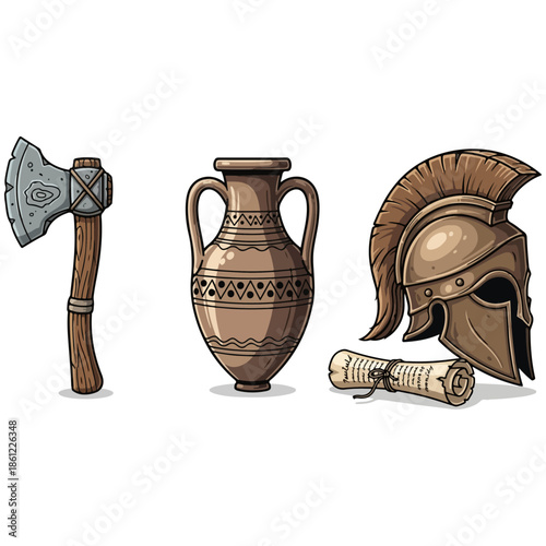 Ancient Greek Artifacts Collection - Axe, Amphora, Helmet, and Scroll.