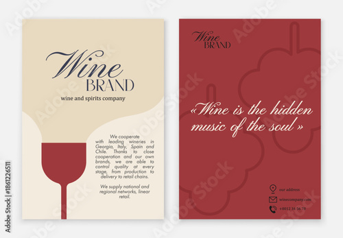 Minimalistic double-sided flyer for a wine shop. Flyer template for design. A4 card template for advertising in flat style.
