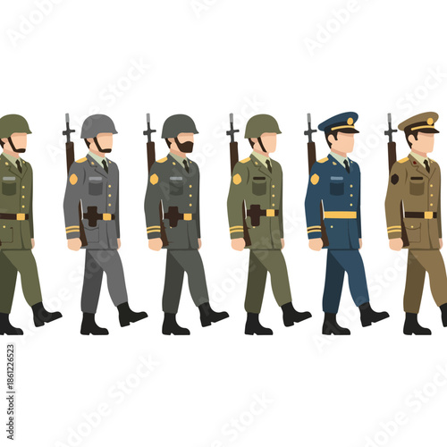 Military Personnel in Uniform Marching Forward.