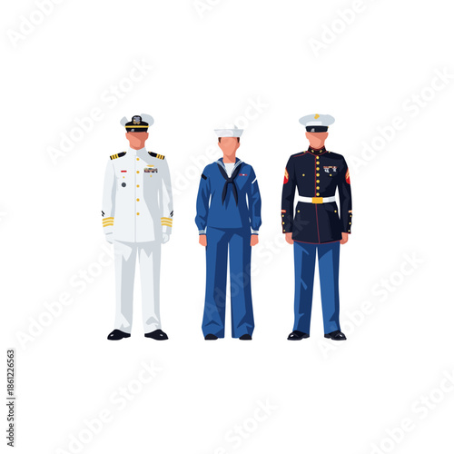 Three Toy Sailors in Uniform Standing.
