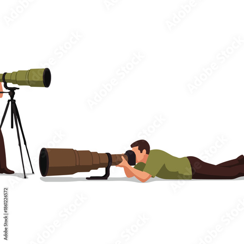 Two photographers with large telephoto lenses capturing distant subjects.