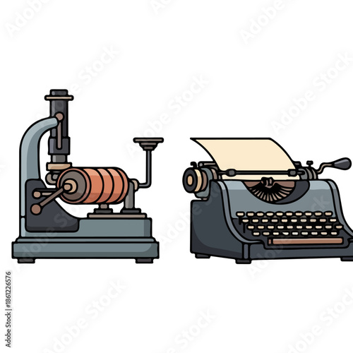 Vintage Typewriter and Old Printing Press.