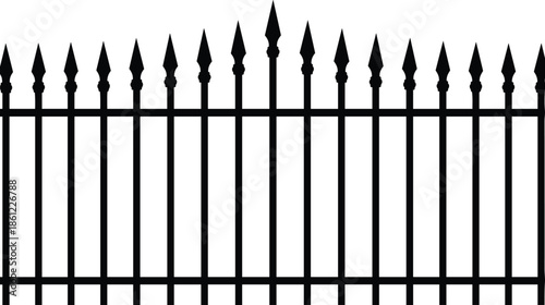 Decorative iron fence silhouette illustration with pointed spikes, metal security barrier design, black vector fence graphic, protective boundary artwork