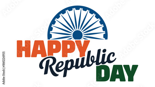 Happy Republic Day modern typography design with ashoka chakra emblem in indian tricolor colors for national celebration greeting poster and patriotic vector illustration