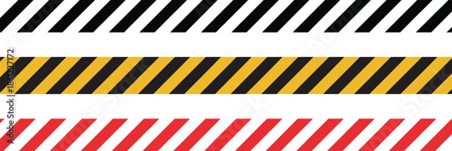 Warning tape in yellow, red, and black diagonal stripes line, caution, hazard, danger road, attention, safety stripe warning, warn stop seamless line, stretched for industrial, construction,
