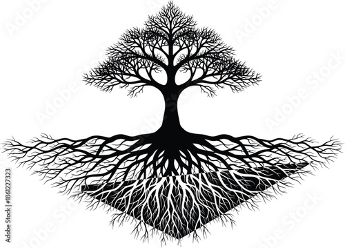 Detailed tree with expansive branching roots, nature growth concept illustration, black silhouette vector design showing symmetry, strength, stability symbolism
