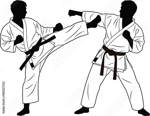 Karate fighters practicing martial arts combat technique in dynamic action pose, professional training illustration showing self defense skills and disciplined movement