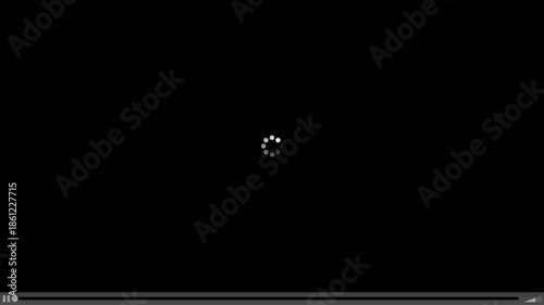 Loading buffering spinner icon centered on black screen with paused video player controls showing playback bar, loading progress, minimal digital interface conveying waiting frustration delay,  