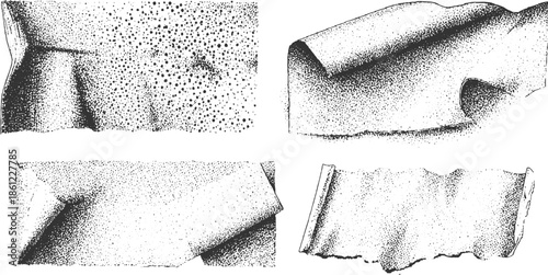 Four black and white stippled of torn paper edges and textured surfaces